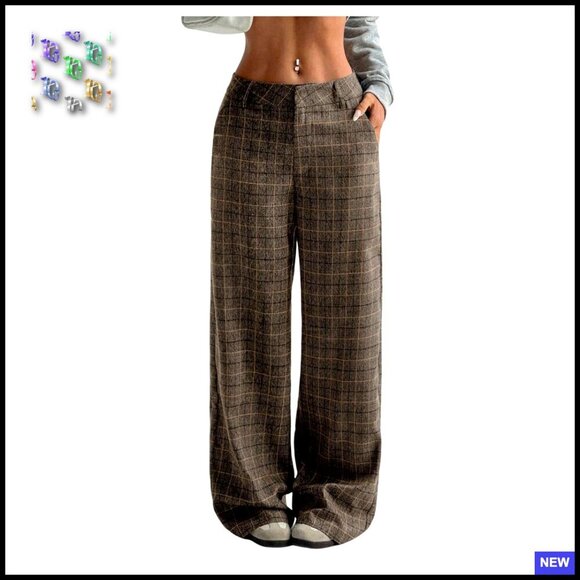 Pants - Plaid Wide Leg Trousers Low Rise Casual Flannel Palazzo Pants with Pockets